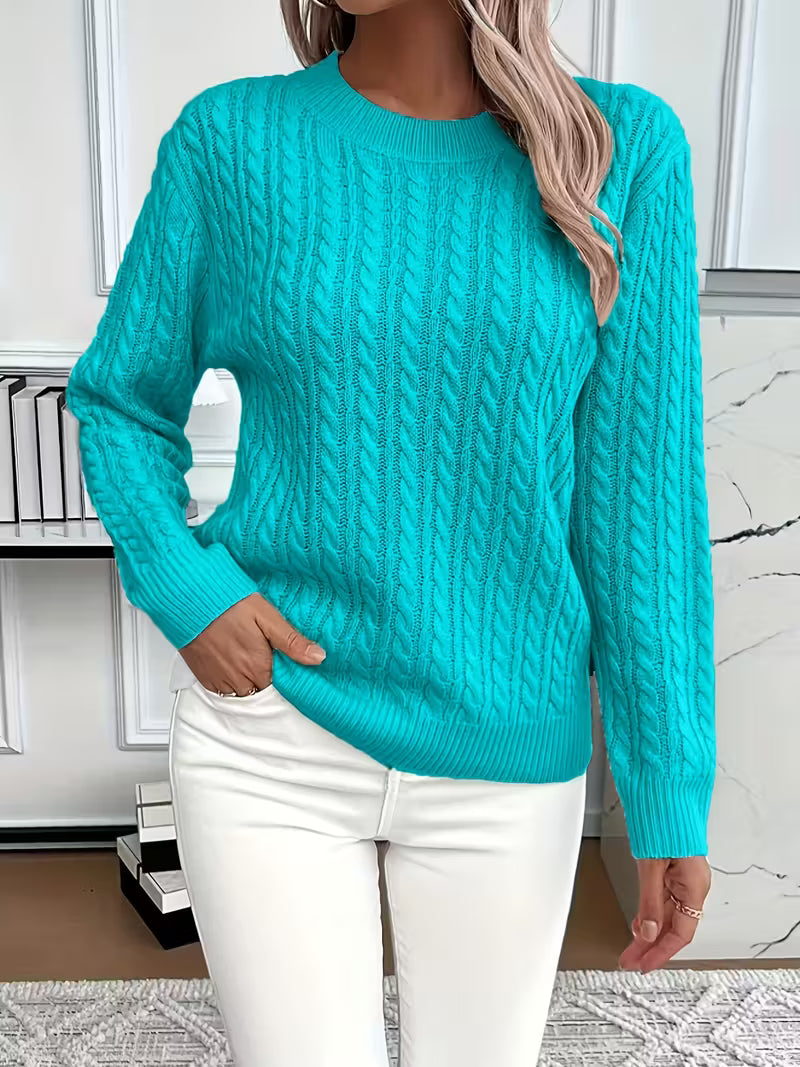 Women's Cable Knit Crewneck Sweater in Mint Green - Relaxed Fit Long Sleeve Pullover