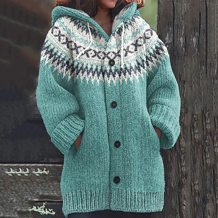 Women's Fair Isle Hooded Knit Cardigan with Button Front and Front Pockets