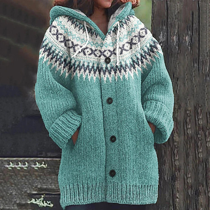 Women's Fair Isle Hooded Knit Cardigan with Button Front and Front Pockets