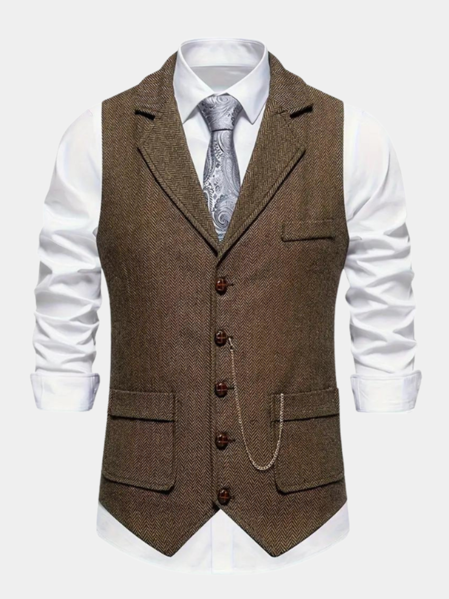 Men's Herringbone Suit Waistcoat with Lapel and Chain Detail