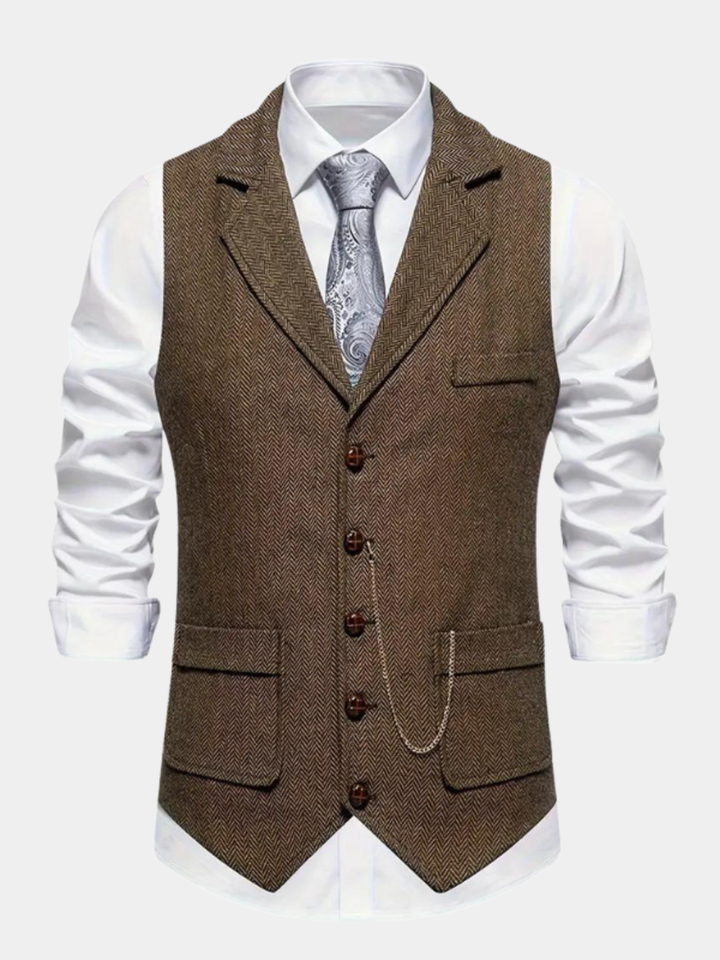 Men's Herringbone Suit Waistcoat with Lapel and Chain Detail
