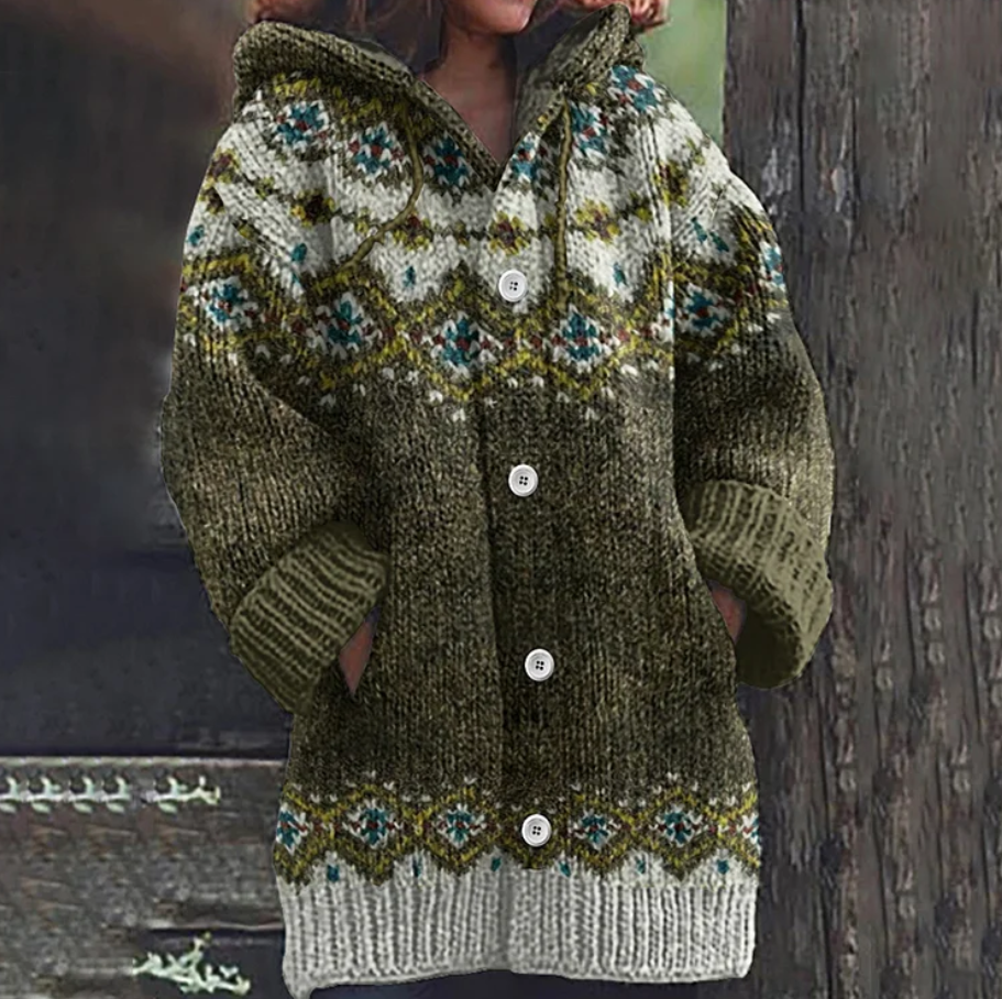 Women's Fair Isle Hooded Knit Cardigan with Button Front and Front Pockets