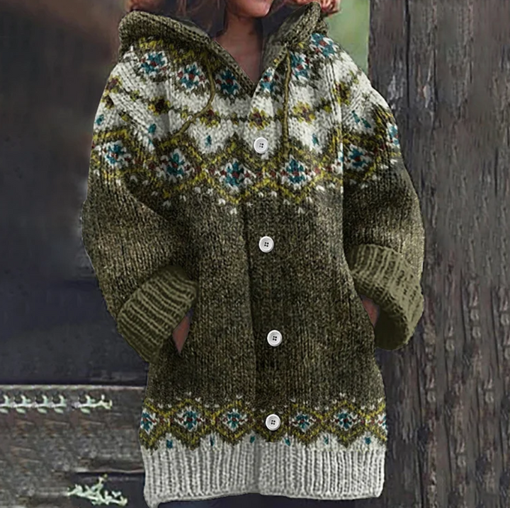 Women's Fair Isle Hooded Knit Cardigan with Button Front and Front Pockets