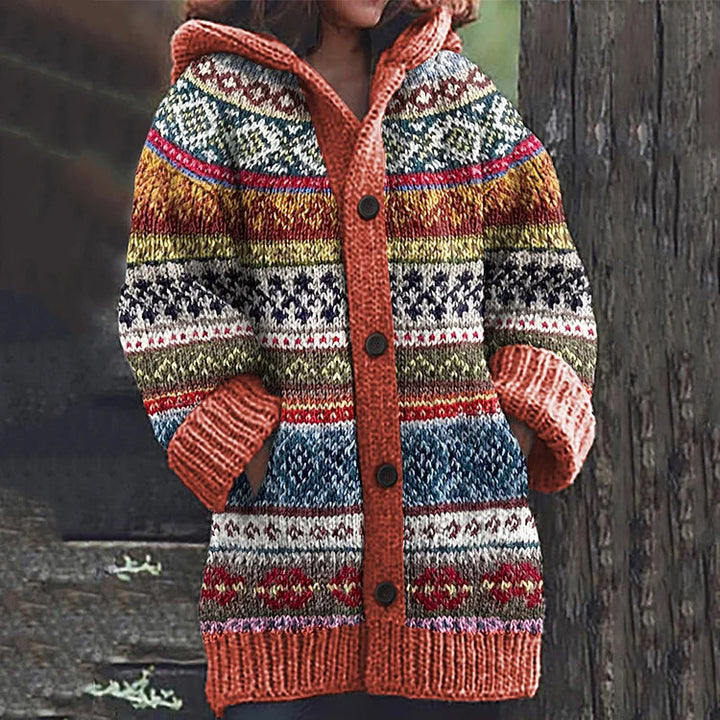Women's Fair Isle Hooded Knit Cardigan with Button Front and Front Pockets