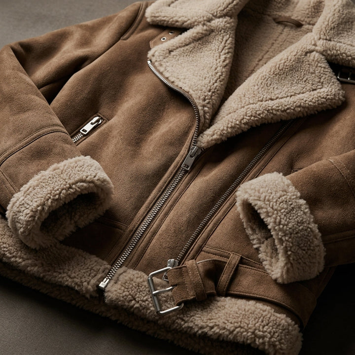 Women's Faux Shearling Aviator Moto Jacket with Belted Hem and Notch Collar