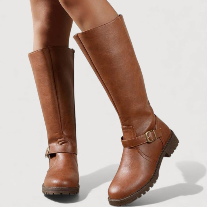 Women's Knee-High Riding Boots with Buckle Strap and Lug Sole