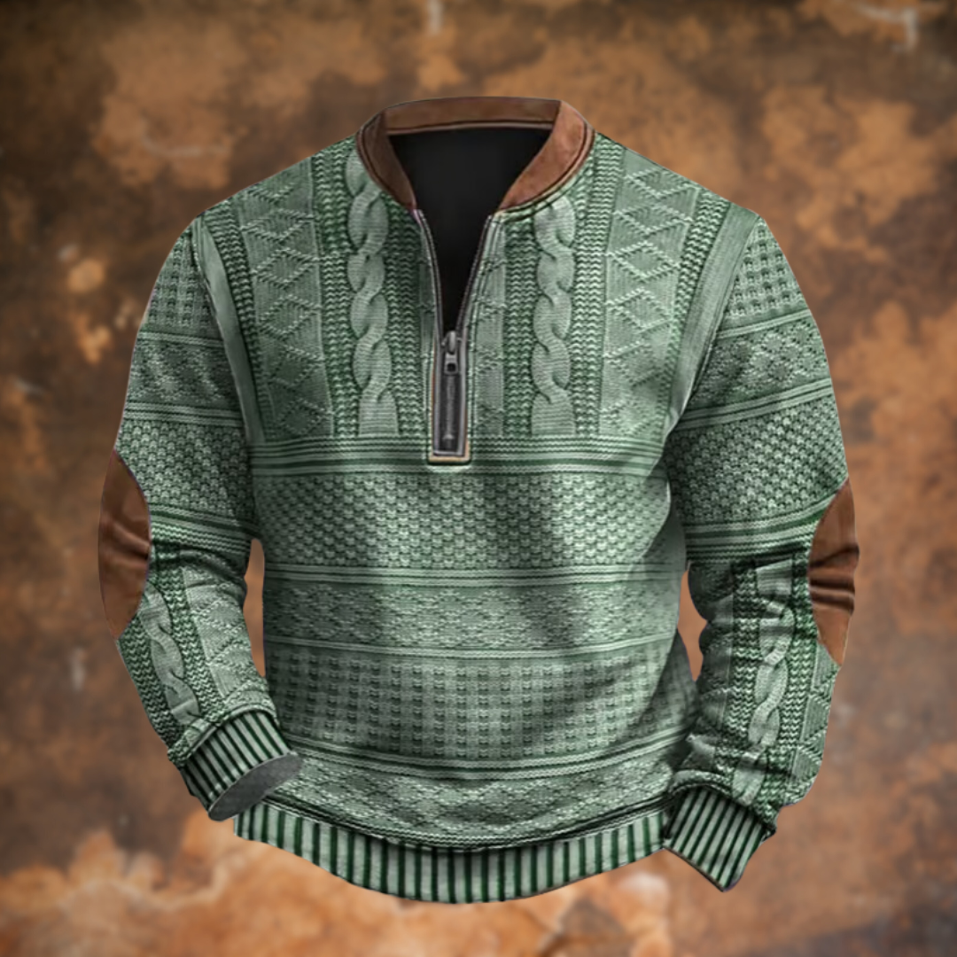 Men's Half-Zip Pullover Sweater with Cable Knit Pattern and Contrast Trim