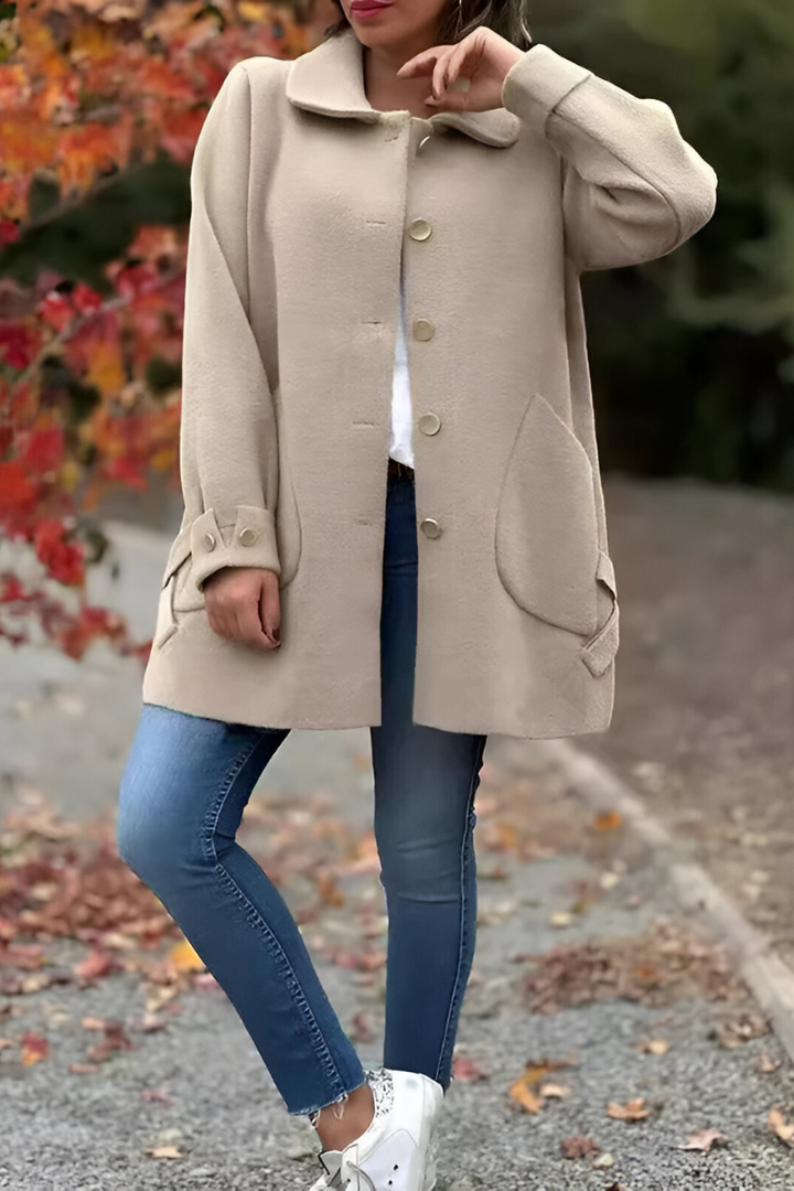 Women's Relaxed Fit Button-Up Wool-Blend Coat with Front Pockets