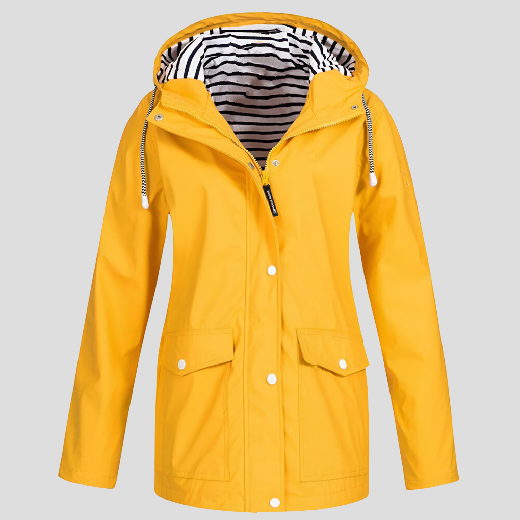 Women's Hooded Waterproof Rain Jacket in Yellow with Striped Lining