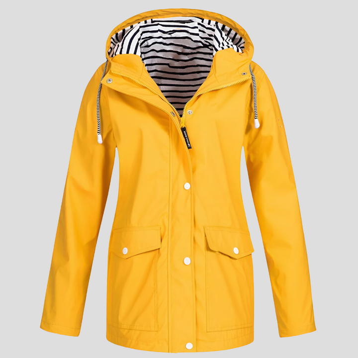 Women's Hooded Waterproof Rain Jacket in Yellow with Striped Lining