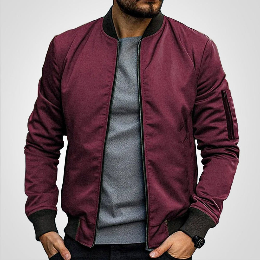 Men's Navy Blue Classic Bomber Jacket with Ribbed Trim and Zip Front