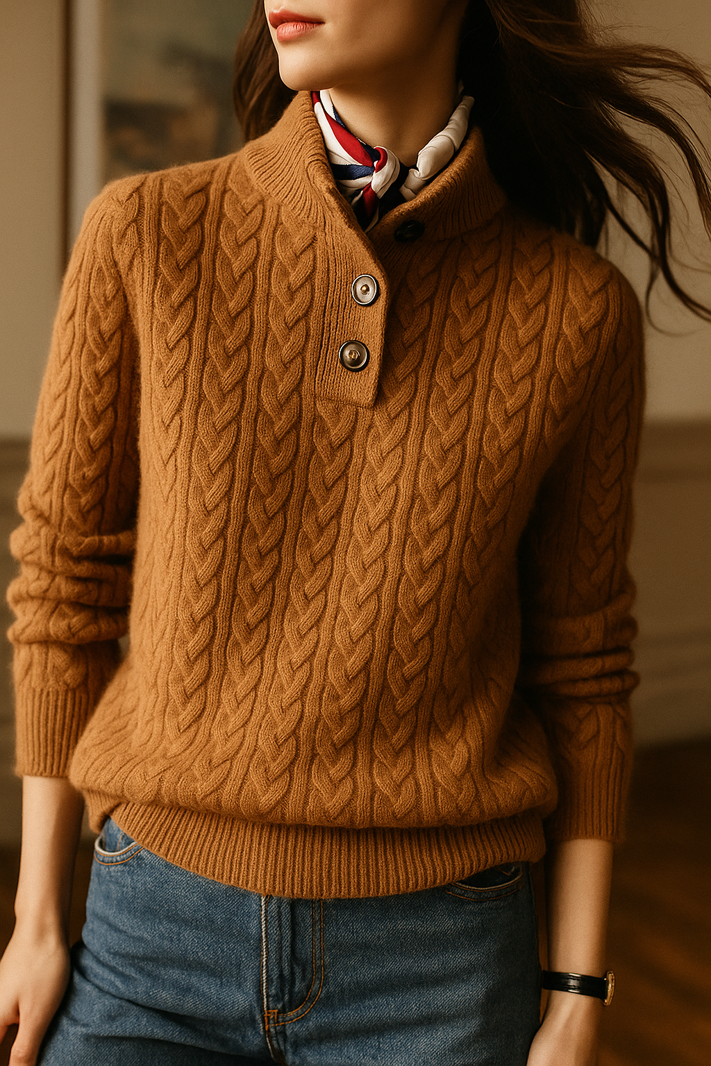 Arden Women's Cable-Knit Button-Up Stand Collar Sweater in Camel Brown