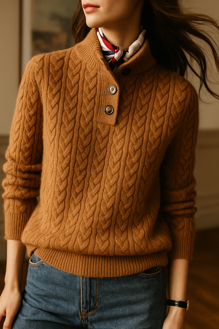 Arden Women's Cable-Knit Button-Up Stand Collar Sweater in Camel Brown