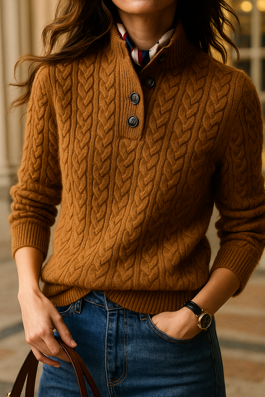 Arden Women's Cable-Knit Button-Up Stand Collar Sweater in Camel Brown