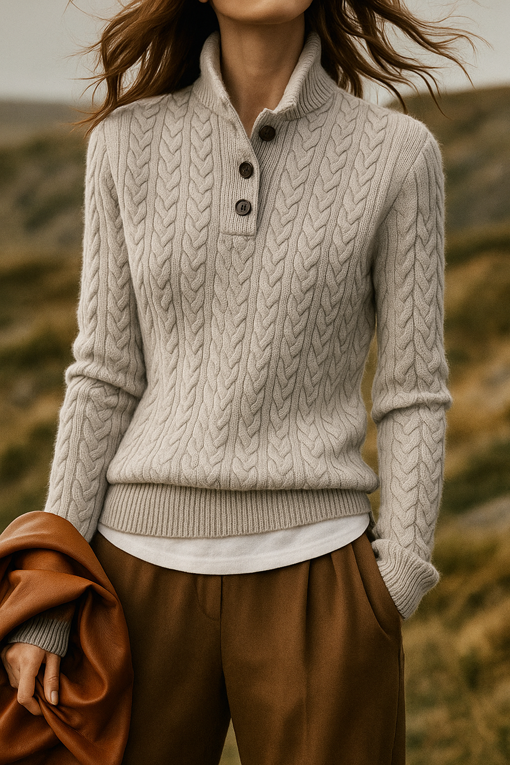 Arden Women's Cable-Knit Button-Up Stand Collar Sweater in Camel Brown