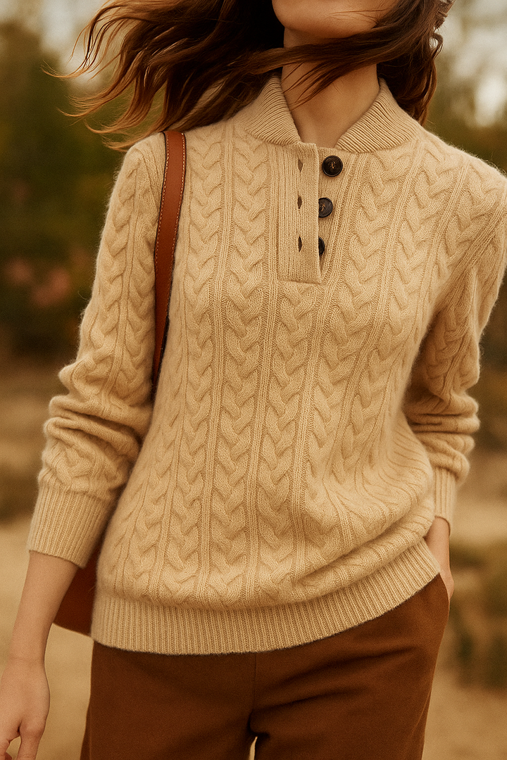 Arden Women's Cable-Knit Button-Up Stand Collar Sweater in Camel Brown