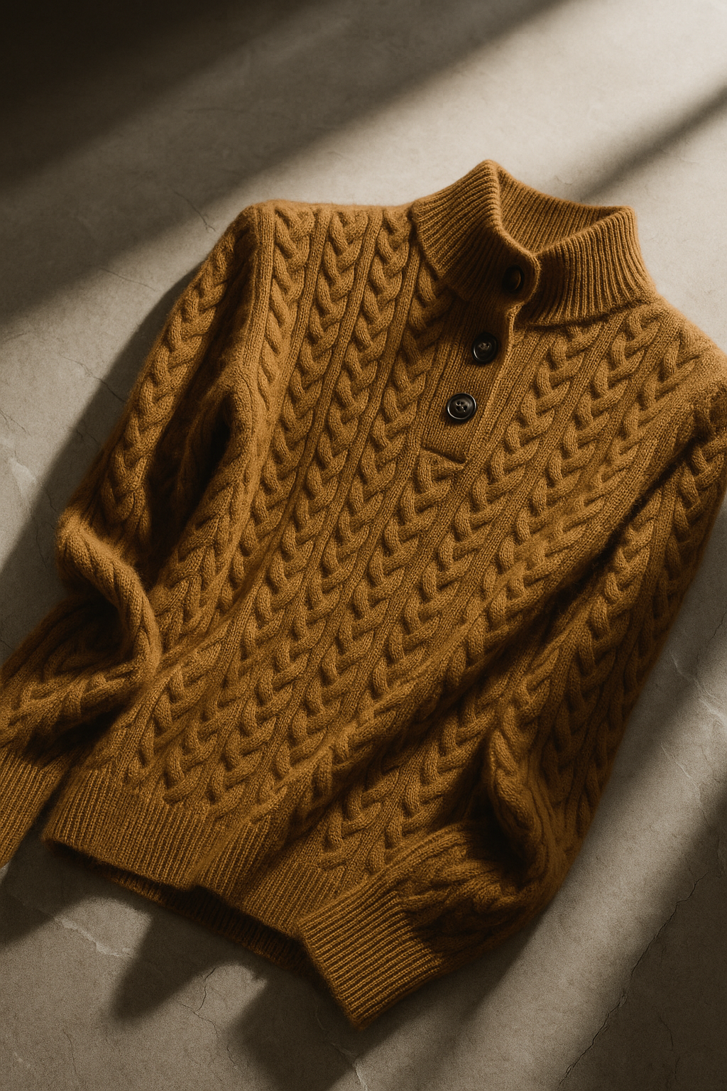 Arden Women's Cable-Knit Button-Up Stand Collar Sweater in Camel Brown