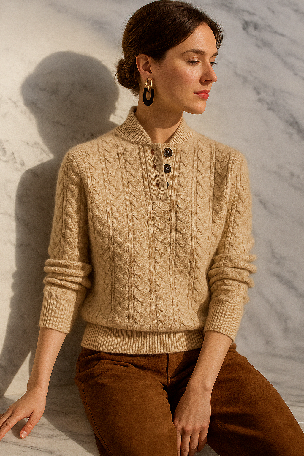 Arden Women's Cable-Knit Button-Up Stand Collar Sweater in Camel Brown