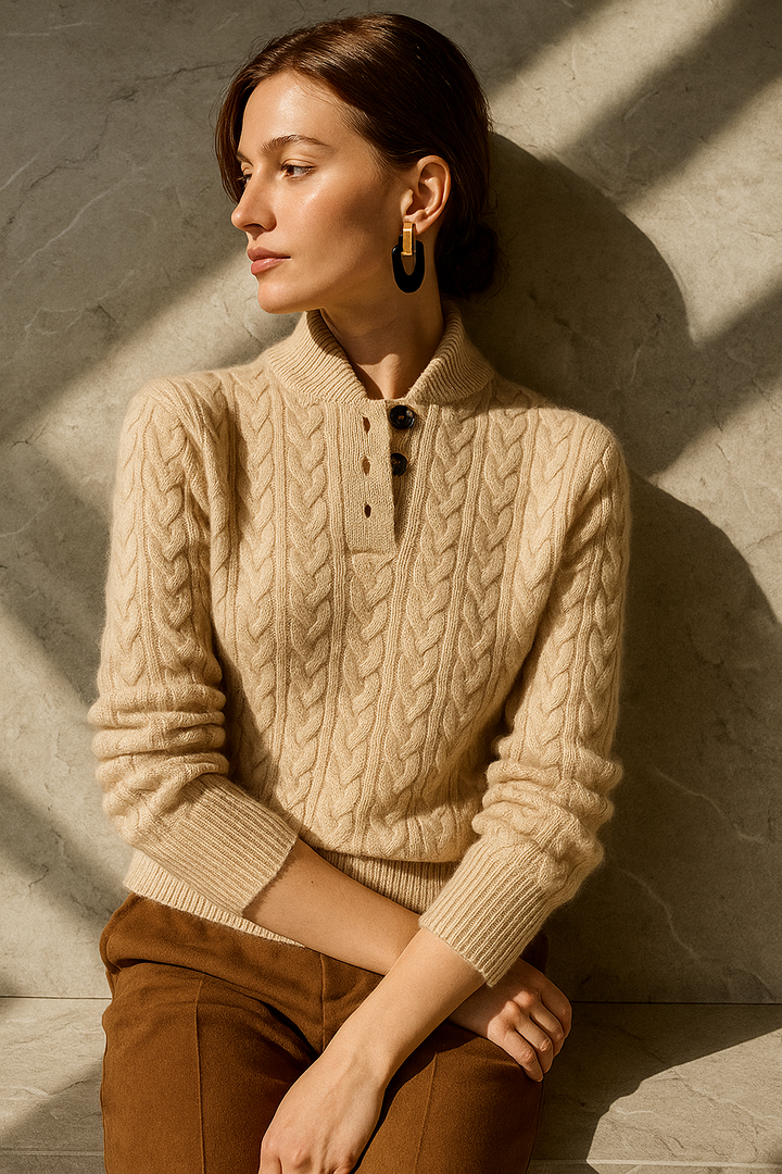 Arden Women's Cable-Knit Button-Up Stand Collar Sweater in Camel Brown