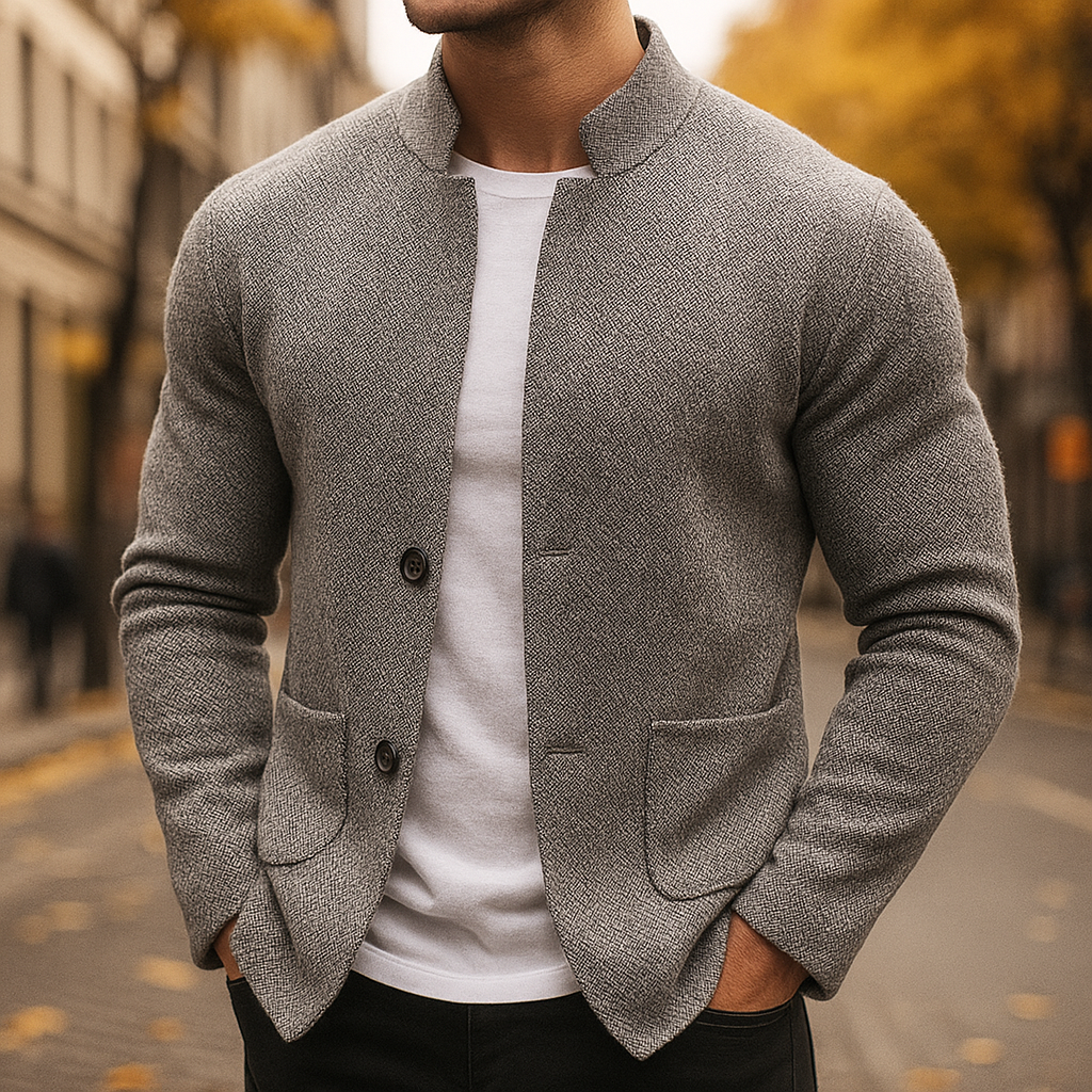 Men's Knitted Cardigan Jacket with Stand Collar and Button Front in Gray