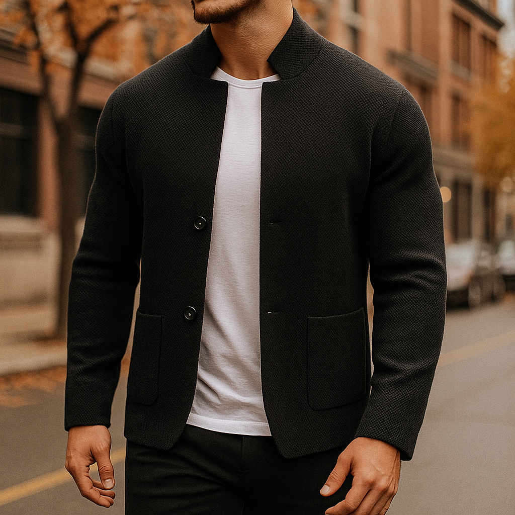 Men's Knitted Cardigan Jacket with Stand Collar and Button Front in Gray