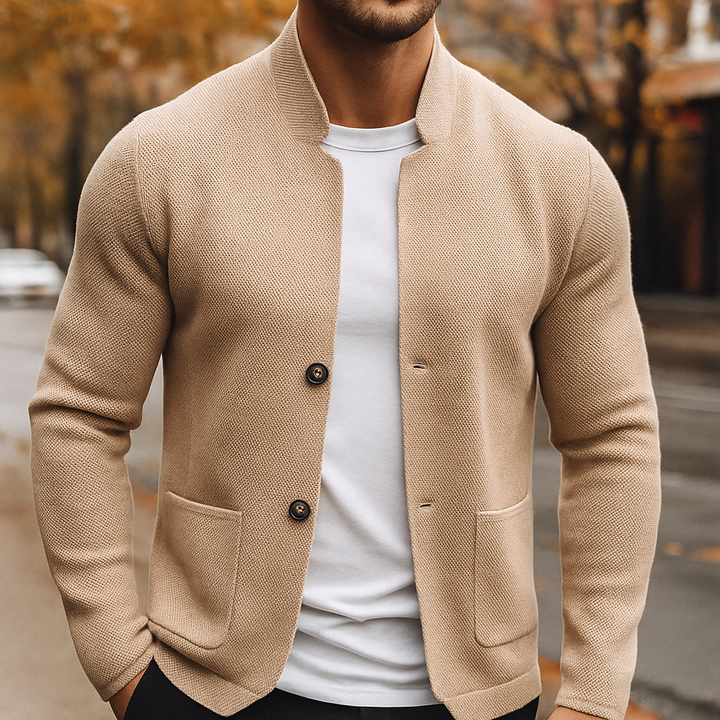 Men's Knitted Cardigan Jacket with Stand Collar and Button Front in Gray