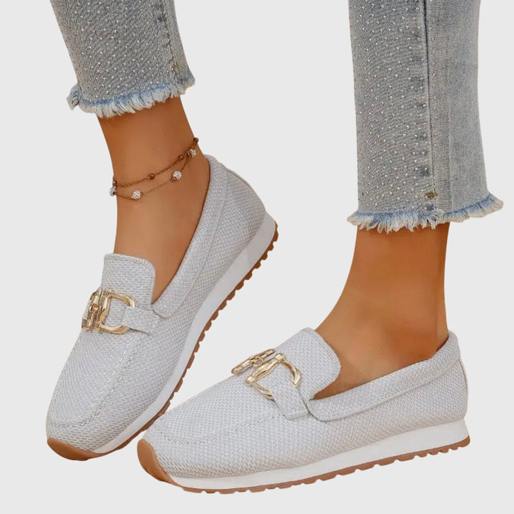 Women's Knit Slip-On Loafer Sneakers with Gold-Tone Buckle Detail