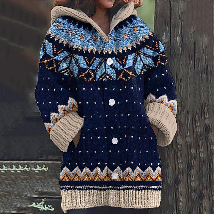 Women's Fair Isle Hooded Knit Cardigan with Button Front and Front Pockets