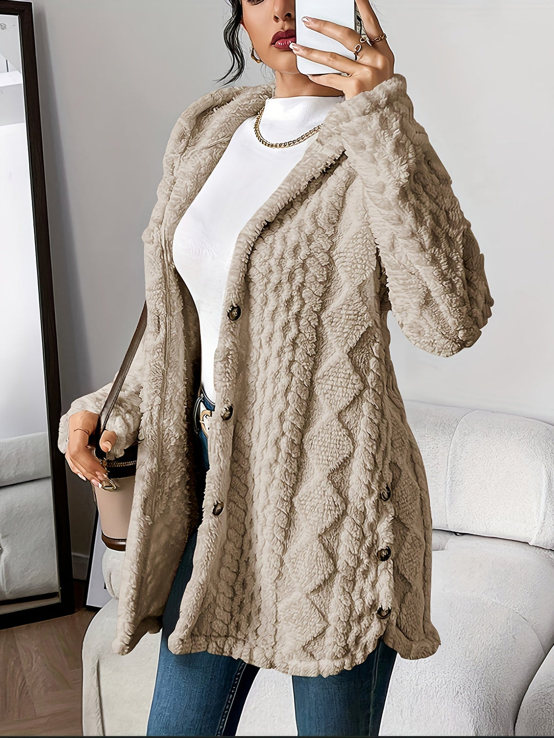 Plush Hooded Cardigan with Cable Texture and Button Front in Cream