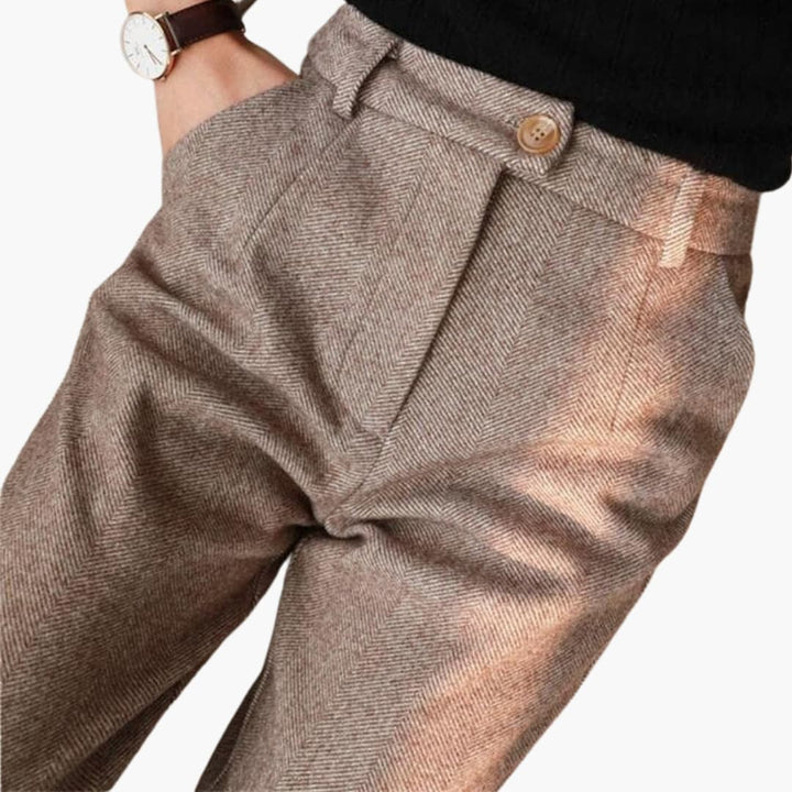 Women's Herringbone Tailored Trousers with Cuffed Hem and Button Detail