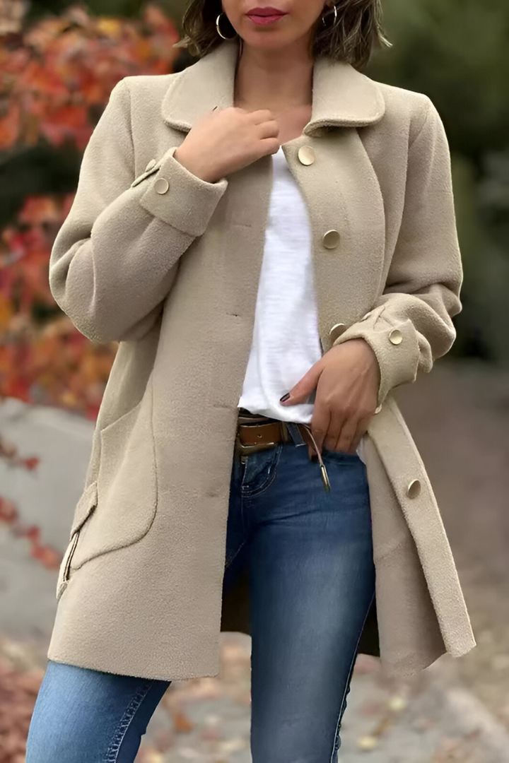 Women's Relaxed Fit Button-Up Wool-Blend Coat with Front Pockets