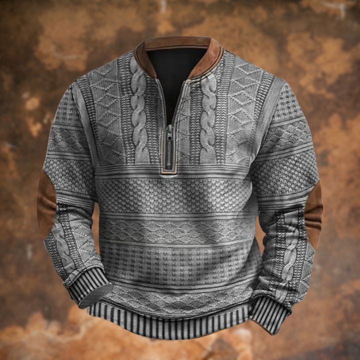 Men's Half-Zip Pullover Sweater with Cable Knit Pattern and Contrast Trim