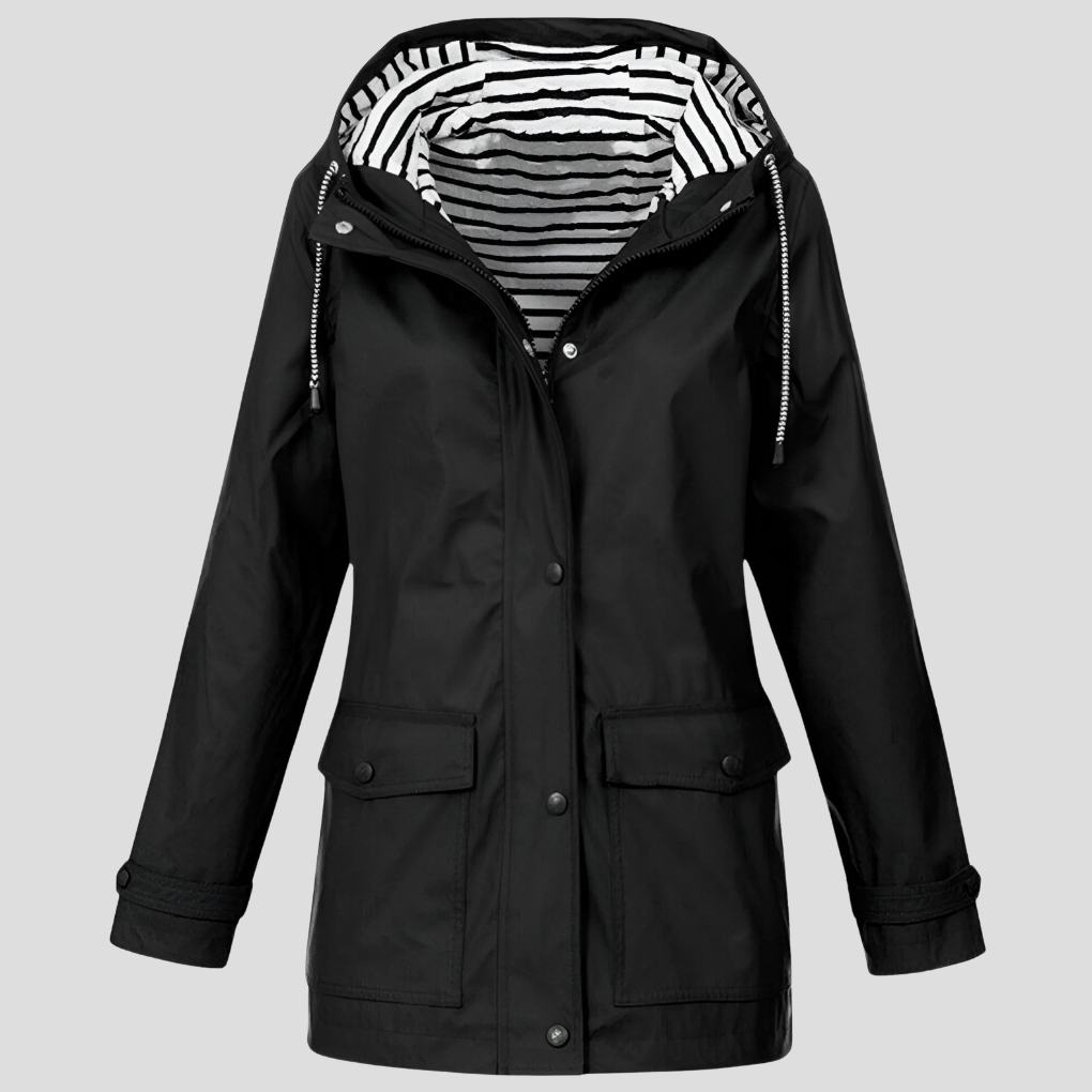Women's Hooded Waterproof Rain Jacket in Yellow with Striped Lining