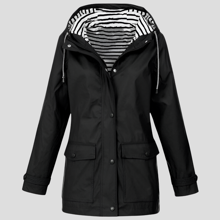 Women's Hooded Waterproof Rain Jacket in Yellow with Striped Lining