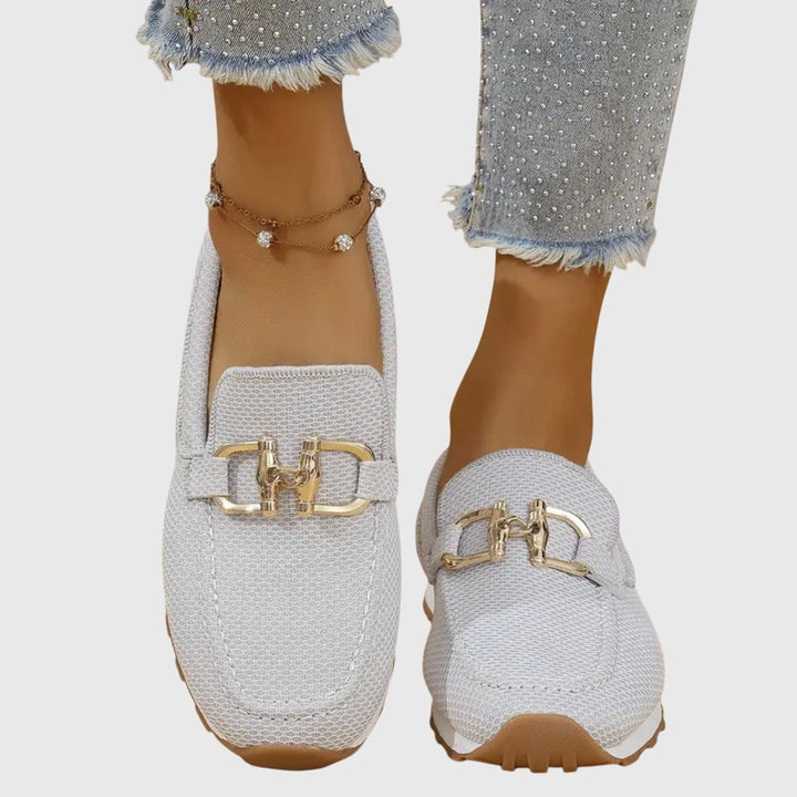 Women's Knit Slip-On Loafer Sneakers with Gold-Tone Buckle Detail