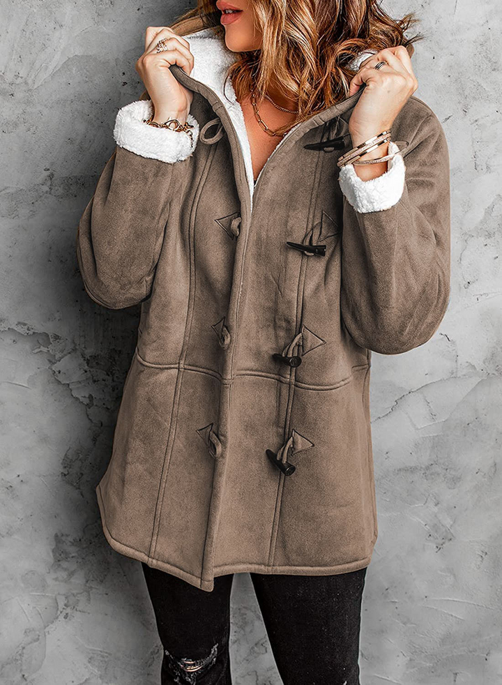 Women's Hooded Mid-Length Coat with Sherpa Lining and Toggle Buttons