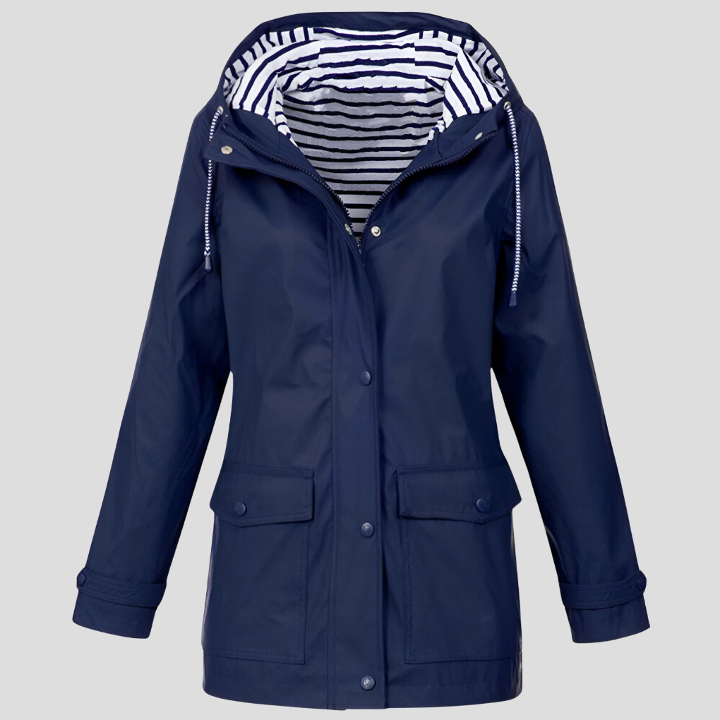 Women's Hooded Waterproof Rain Jacket in Yellow with Striped Lining