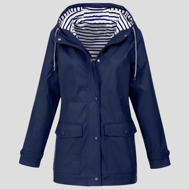 Women's Hooded Waterproof Rain Jacket in Yellow with Striped Lining