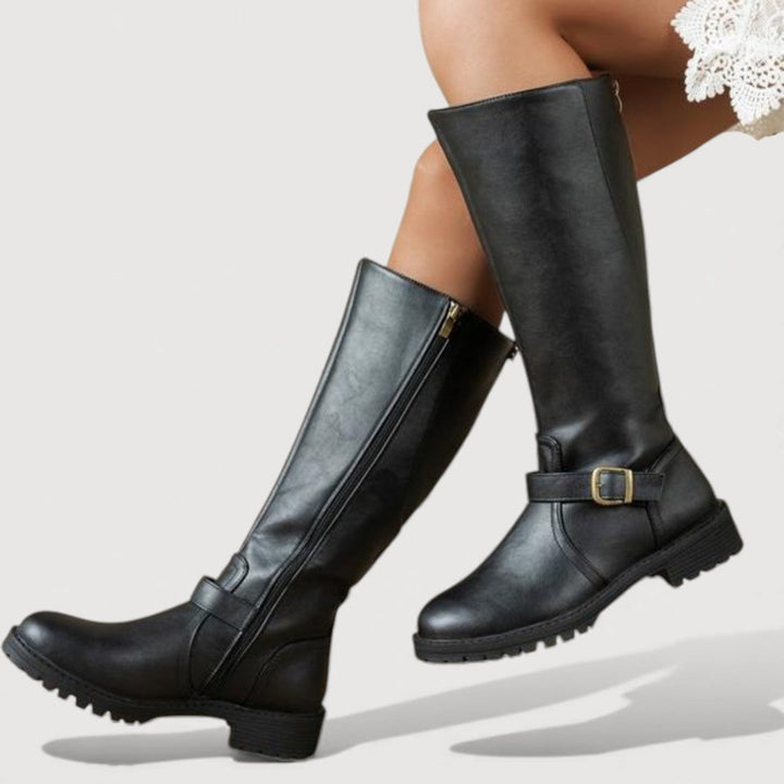 Women's Knee-High Riding Boots with Buckle Strap and Lug Sole