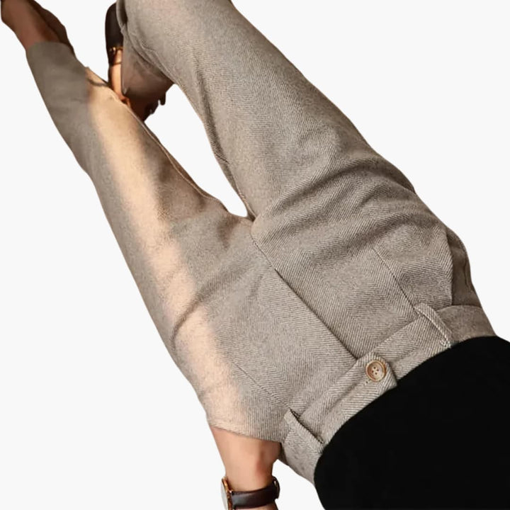 Women's Herringbone Tailored Trousers with Cuffed Hem and Button Detail