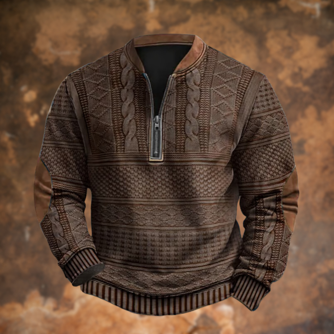 Men's Half-Zip Pullover Sweater with Cable Knit Pattern and Contrast Trim
