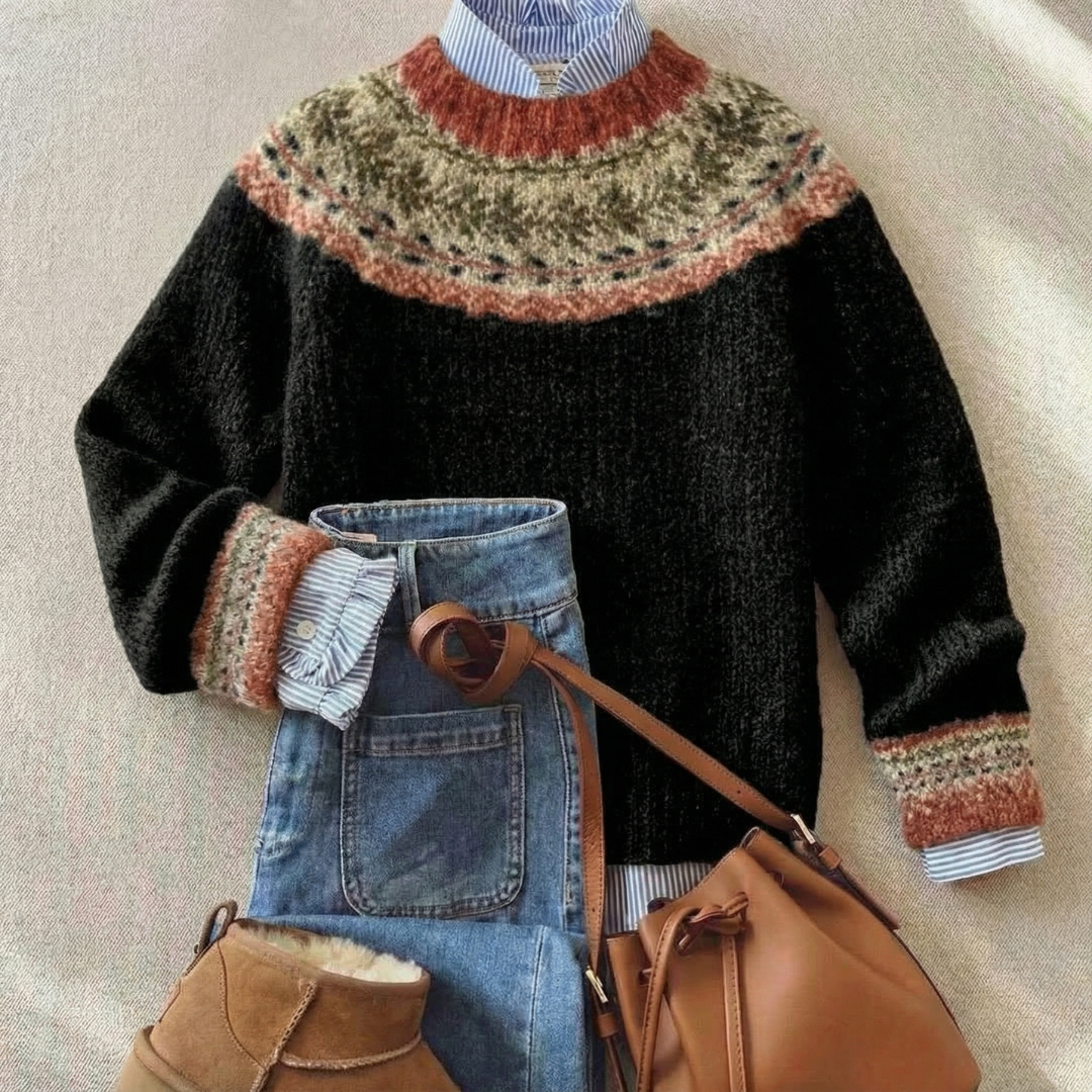 Women's Nordic Fair Isle Knit Sweater in Grey with Multicolor Yoke Detail