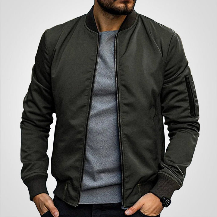 Men's Navy Blue Classic Bomber Jacket with Ribbed Trim and Zip Front