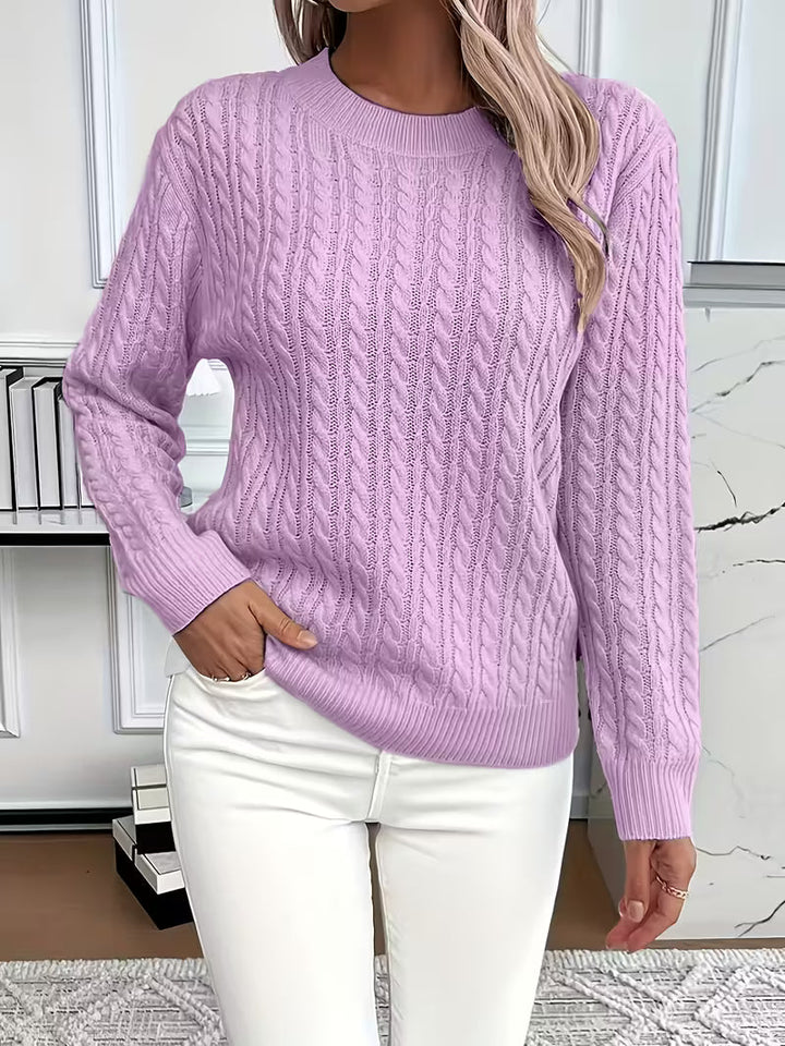 Women's Cable Knit Crewneck Sweater in Mint Green - Relaxed Fit Long Sleeve Pullover
