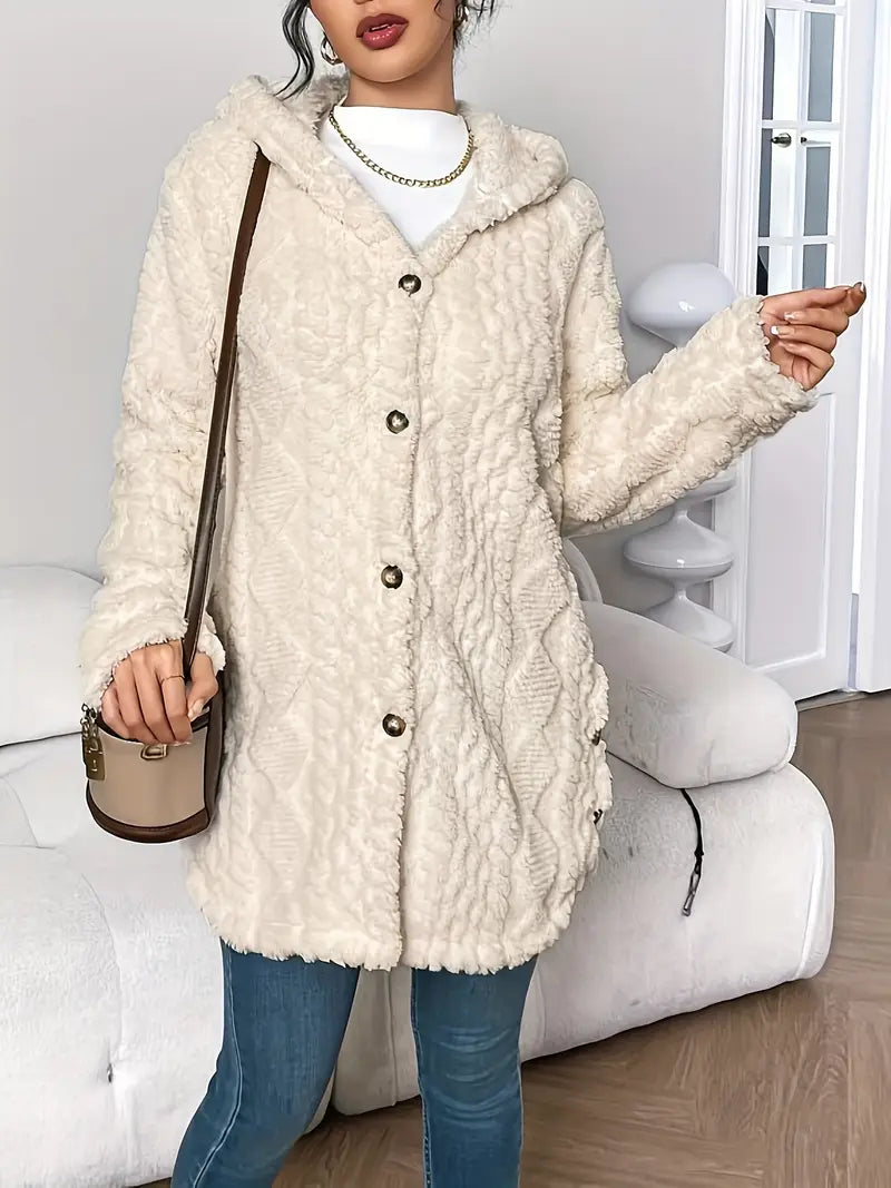 Plush Hooded Cardigan with Cable Texture and Button Front in Cream