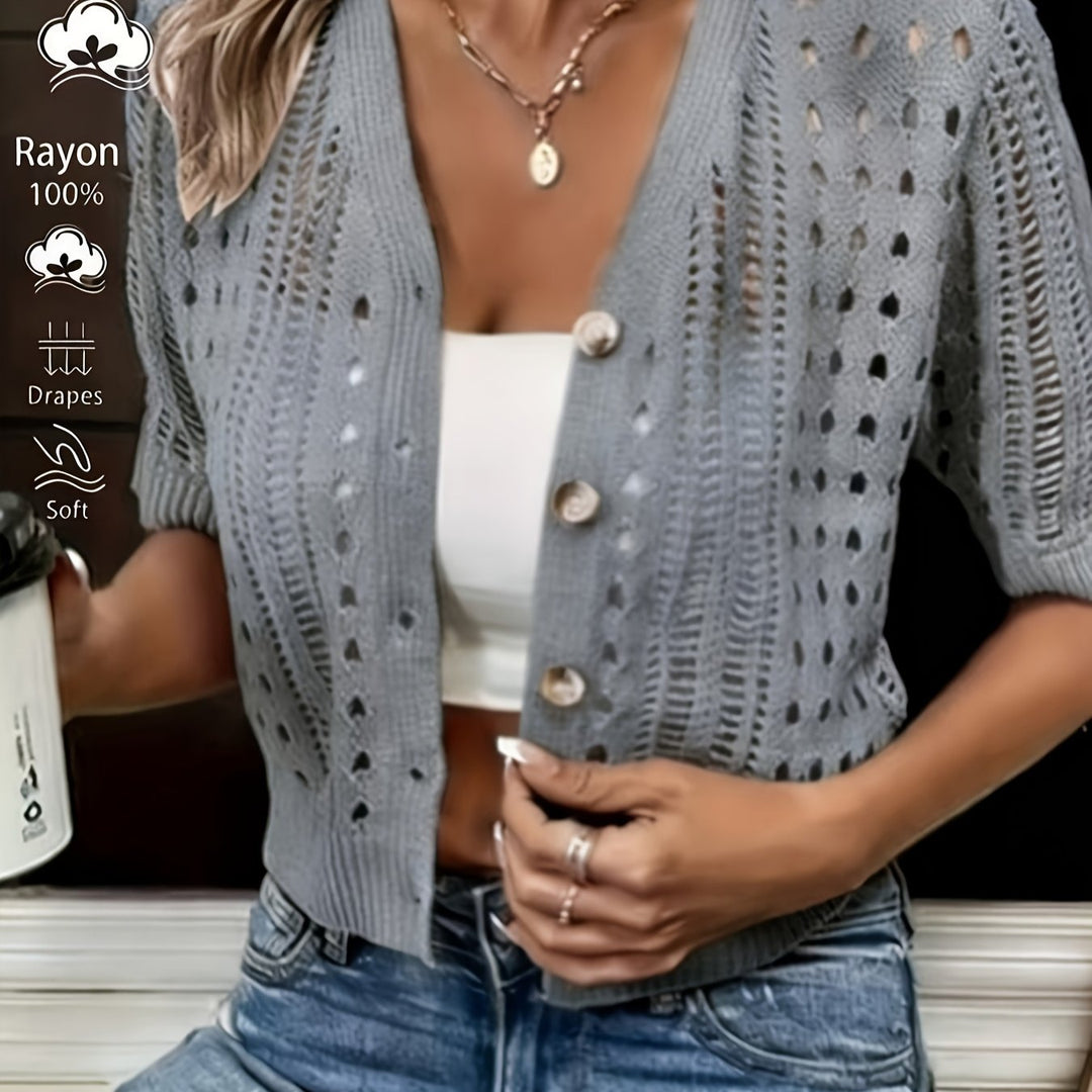 Open-Knit Cropped Cardigan with Button Front and Short Sleeves
