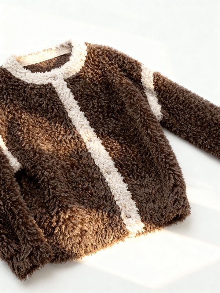 Bellamy Two-Tone Sherpa Fleece Cardigan Jacket with Contrast Trim