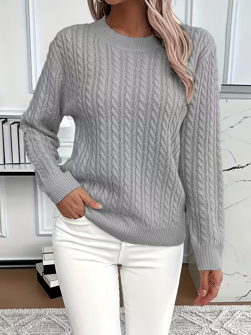 Women's Cable Knit Crewneck Sweater in Mint Green - Relaxed Fit Long Sleeve Pullover