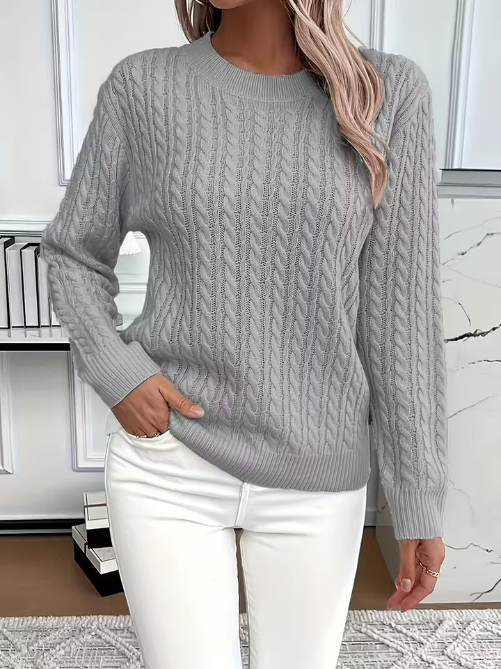 Women's Cable Knit Crewneck Sweater in Mint Green - Relaxed Fit Long Sleeve Pullover