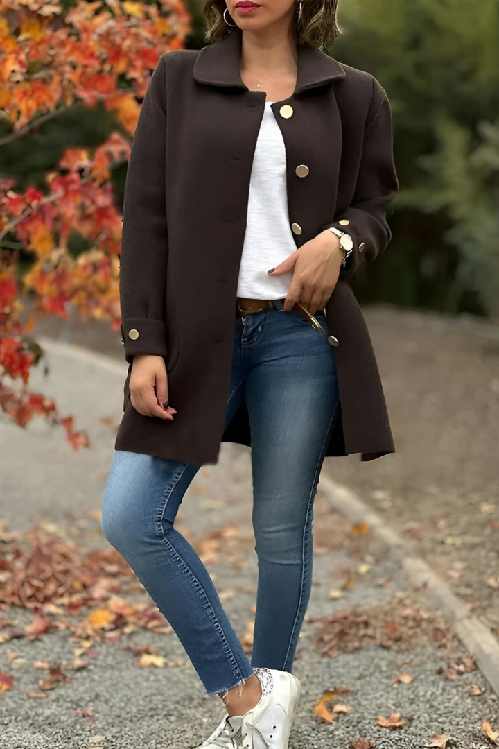 Women's Relaxed Fit Button-Up Wool-Blend Coat with Front Pockets